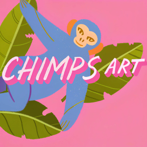 Creative logo design featuring a playful monkey illustration with the name 'Chimps Art' written in a curly, fancy font. Black background.