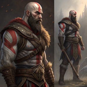 Digital painting. Kratos, from God of War, detailed character illustration. Multiple angles showcasing his iconic armor and weaponry.