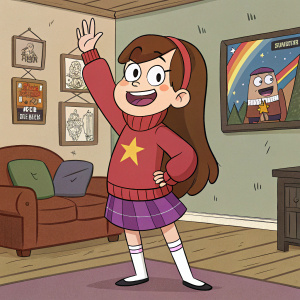 Mabel Pines, from the animated series Gravity Falls, waving cheerfully. She wears a bright red sweater with a star-shaped badge and a purple plaid skirt. White knee-high socks. Background: a cozy living room with posters of classic movies.