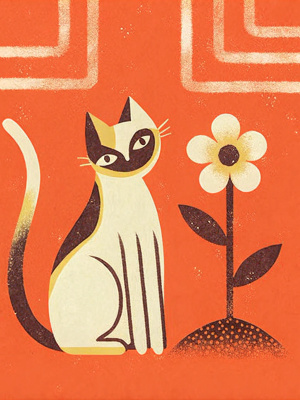 Image with a chill cat sitting on the ground with a flower sprouting from the ground beside him, graphic lines in the background, minimalistic, contrasting colors. The cat is in the centre of the image and zoomed out.