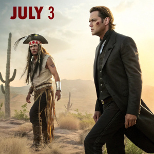 Movie poster for a gritty western film. Johnny Depp as Tonto, Armie Hammer as a well-dressed character. Release date: July 3