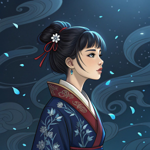 Young woman with modern anime-inspired hairstyle and traditional East Asian outfit. Focused expression. Dark background with swirling, ornate design and scattered blue particles. Dynamic pose.