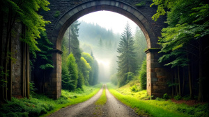 
an archway leading into the forest