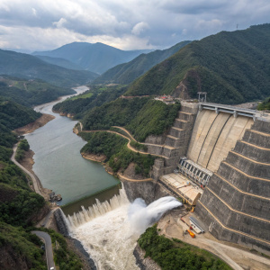 High-resolution aerial view of the Hidroituango hydroelectric dam. Located in the rugged mountains of Ituango, Colombia. The dam is a massive multi-tiered structure with a mix of concrete and earthwork. Visible repairs indicate damage from a landslide in 2018. The powerful river flows nearby.