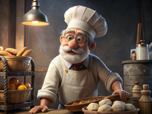 Pixar style, Disney style, A old man baker is working.,3d rendering, ultra HD quality, film quality, 16k