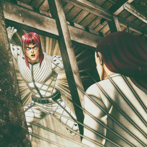 Diavolo from JoJo's Bizarre Adventures, illustrated in a vibrant manga style. Auburn hair with jagged edges, sharp features. Scene from anime battle
