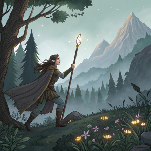 In the mystical realm of Eldoria, Troya, a sorceress of unmatched power, navigates through enchanted forests and towering mountains, harnessing her abilities to protect the land from dark forces.