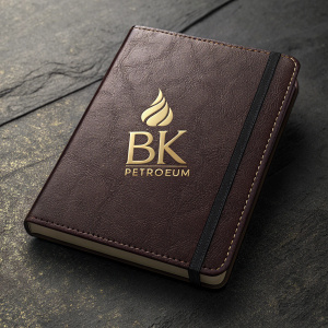 A sleek, close-up view of a leather-bound notebook with embossed logo. BK Petroleum's emblem in gold. Dark, textured background