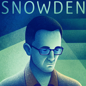 Poster for the film Snowden. Actor Joseph Gordon-Levitt in close-up, serious expression with glasses. Background blurred, text in French and English, title prominently displayed.
