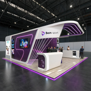 High-tech booth design for Bein Sport at CES. Sleek, mostly white, with purple lighting and digital graphics. Dynamic lighting effects and large Bein Sport logo.