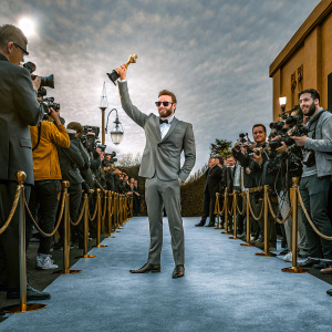 Chris Evans at a glitzy gala, holding an award. Blue carpet event, surrounded by cameras and cheering fans.