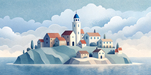 White illustration, Rene magritte style, isolated surrealistic collage of a lot of old Austrian houses and trees on island, huge ocean and big sky, light pastel colors, asymmetrical composition, zoom out view, grainy texturing paper