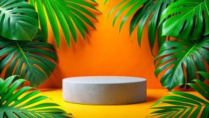 Cosmetics product advertising podium stand with tropical leaves background. Empty natural stone pedestal platform to display beauty product. Mockup