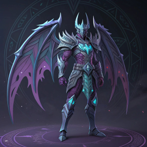 Digital 3D render of Terrorblade from Dota 2. Futuristic fantasy design with intricate details, sharp edges. Dominated by purple, gray, and blue colors. Dark mystical background with complex geometric patterns.