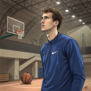 Leon Goretzka, serious face, in a casual setting. Wearing a blue shirt with Nike logo. Indoor basketball court, hoop in background.