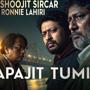 Poster for Bengali film *Apajit Tumi*. Shoojit Sircar and Ronnie Lahiri alongside other cast members. Dramatic lighting and close-up faces against bridge silhouette.