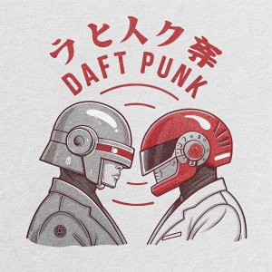 Daft Punk logo in vibrant red and gray. Japanese and English text. Minimalist design, focusing on brand message.