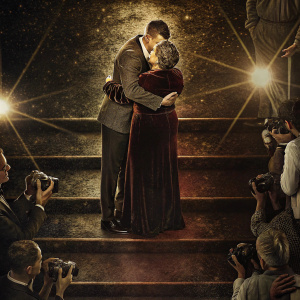 Cristiano Ronaldo and his mother Maria Dolores dos Santos Aveiro sharing an emotional embrace. A star-studded gala event, with flashing cameras and a gleaming golden trophy.