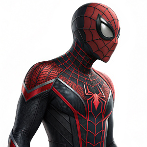 Concept art for Spider-Man's suit from the 'The Amazing Spider-Man'. Illustration features detailed close-up view of the sleek black and red bodysuit, adorned with intricate web patterns against a stark white background.