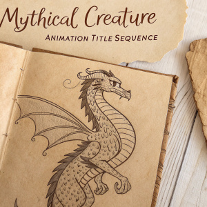 A vintage sketch of a mythical creature, hand-drawn on aged brown paper. Creator names and animation title sequence are neatly handwritten beside the illustration.