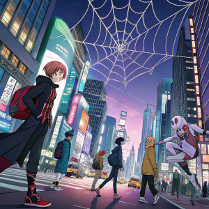 Multiple anime characters with diverse appearances and actions, set against a vibrant city backdrop. A web-like overlay adds depth to the illustration.