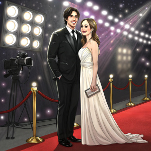 Brandon Routh and Courtney Ford at an award ceremony. He's in a black suit, she in a white gown. Flashy stage lights behind them.