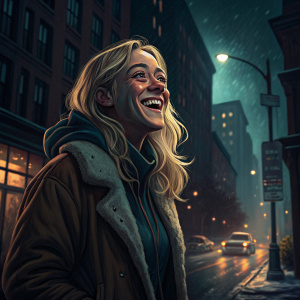 Chloe Sevigny, blonde actress, flashing a big smile. Dark urban street at night
