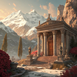 Digital fantasy landscape. Majestic stone temple, featuring ornate columns, statues, and wooden door. Set against snowy mountain peaks. Warm hues of brown, beige, and red. Detailed textures and lighting effects