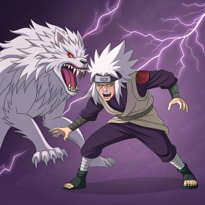 Illustration of Naruto character Kimimaro transforming into a mythical beast. Displaying various aggressive stances. Set against a vibrant dark purple backdrop
