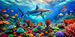 Underwater world with colorful fish and a big shark beautiful corals and various other underwater things, high quality, 8k, realistic elements