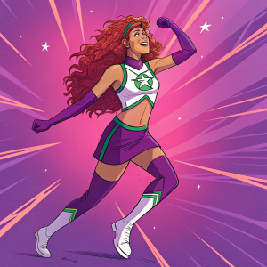 Starfire, donning a garment with the Starfire logo, poses dynamically. Bright pink and purple hues swirl around her.