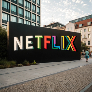 Large Netflix logo in white on black background with quirky text overlay