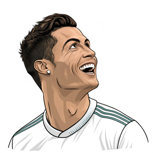 Digital cartoon-style illustration of Cristiano Ronaldo. Joyful expression, set against a white background with simple, clean lines.