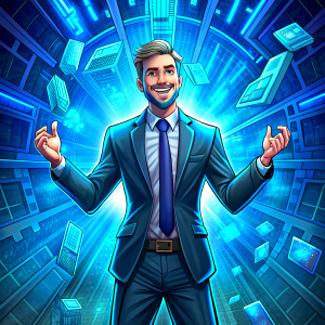 happy man in a suit with money in his hands in tech style, blue color, money flying around