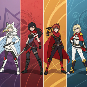 Dramatic character lineup of RWBY 3.0 with intricate designs, various poses and outfits. Set against abstract gradient backgrounds.