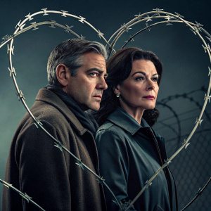 Movie poster showcasing George Clooney and Catherine Zeta-Jones. They stand against a dark background, barbed wire forming a heart shape, intense expressions