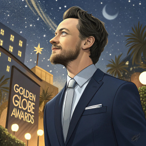 James McAvoy, sporting a close-cropped hairstyle and a neatly groomed beard, at the Golden Globe Awards. He's wearing a sleek navy suit and a silver pocket square. The background is a starlit sky with twinkling city lights.