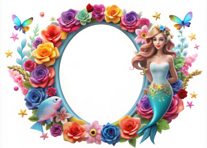 crea un hermoso ovalo largo parado para fotos vacio luminoso con una hermosa Sirena con cola larga a un lado del ovalo con una deadema de flores en la cabeza y varios peces  
 3d y con dos rosas hermosas de coloridas y 3 flores blancas 3d realistas al rededor con destellos de luces coloridas con estrellas en un fondo totalmente blanco con un hermoso y un colorido Corazon grande y una hermosa