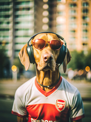 Hungarian Vizsla in headphone and sunglasses in the Saint petersburg in FC Arsenal t-short