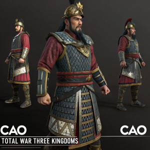 3D render of Cao Cao from Total War: Three Kingdoms. Various poses showcasing the intricate design of his traditional Chinese attire. Dark, neutral background. Game info text at bottom.