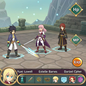 In-game screenshot from Tales of Vesperia. Yuri Lowell, Estelle Barnes, and Dartzel Cipher standing in a battle formation. HP, MP, and EXP bars visible.
