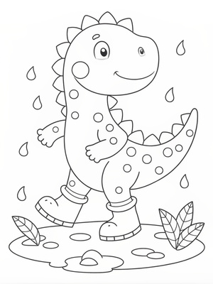 A dino splashing in puddles with rain boots.   Coloring Page for kids, minimalist, bold  line art, 2d vector, on white background, no shading, clean line art.