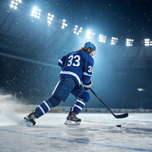 Jakob Silfverberg, wearing a blue jersey with #33, mid-game action shot. Frozen hockey rink under stadium lights.