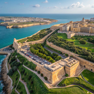 Aerial view of Valletta, Malta's capital city. Beautifully captures the historic city with its ancient walls, lush green areas, and the crystal clear Mediterranean Sea in the background.