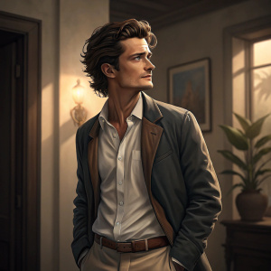 Orlando Bloom, with tousled brown hair, dressed in a smart casual outfit. The dimly lit room has warm, neutral tones.