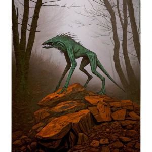 Illustration of a mythical beast, Clannfear, from the Morrowind universe. Dark fantasy art style, greenish hue, long slender body, sharp claws, mouth agape, standing atop jagged rocks, set against a shadowy backdrop.