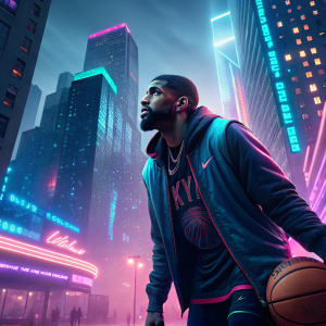 Digital artwork featuring Kyrie Irving in a futuristic urban setting. Neon lights and high-rise buildings create a vibrant backdrop
