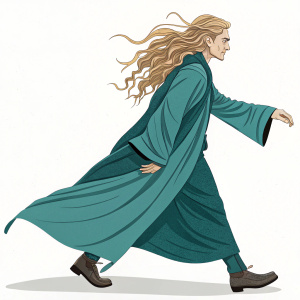 Digital illustration of an androgynous character. Long wavy blonde hair, teal-green robe. Dynamic pose, limited color palette, flat style