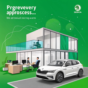 Digital marketing campaign for Skoda Auto. Vibrant green background, showcasing modern office space and sleek building design. Highlights growth strategy and achievements.
