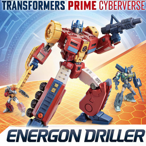 Illustration of Transformers Prime Cyberverse Energon Driller toy in various action poses on vibrant packaging. Includes detailed mechanical parts and Cyberverse logo.